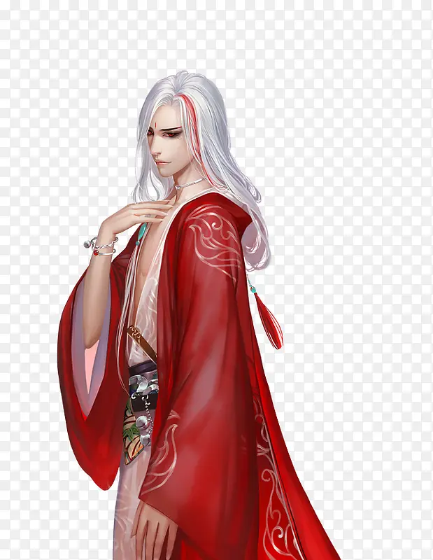 红衣白发古风手绘女子