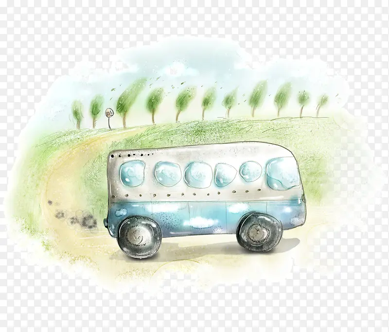 卡通手绘水彩树木公共汽车