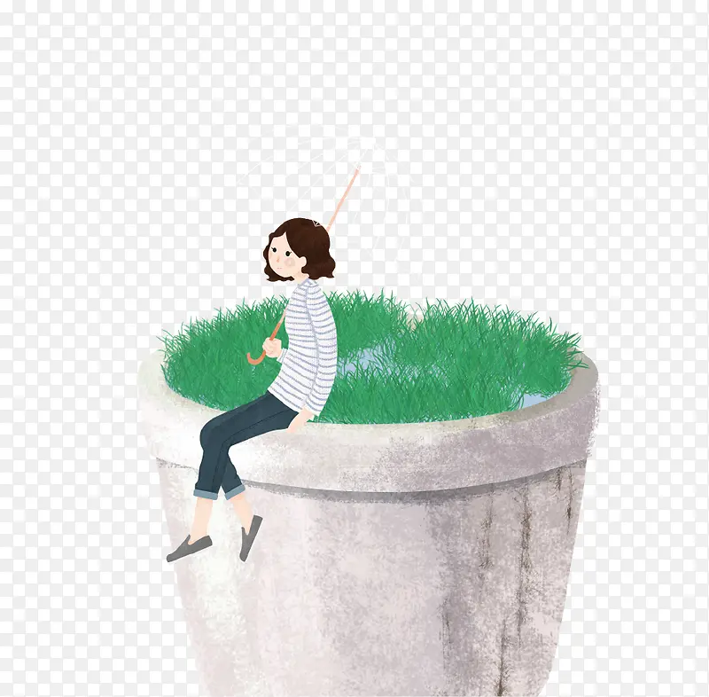 卡通手绘坐在花坛上的少女插画免