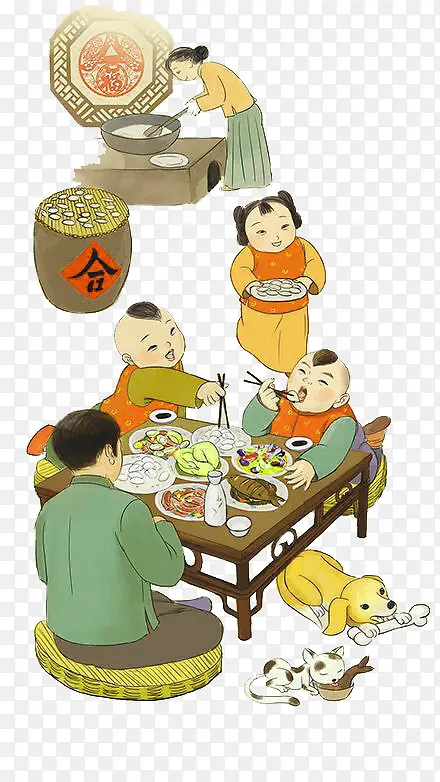 春节团聚吃饺子免抠素材