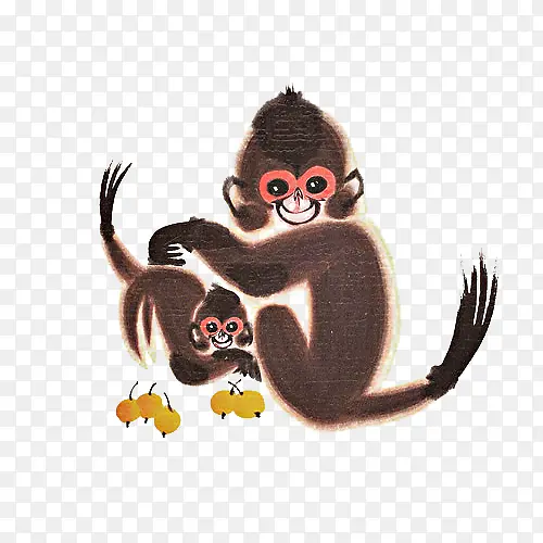 中国风水墨画猴妈妈和猴宝宝免抠