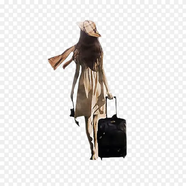 手绘插画拖着行李箱的女士背影