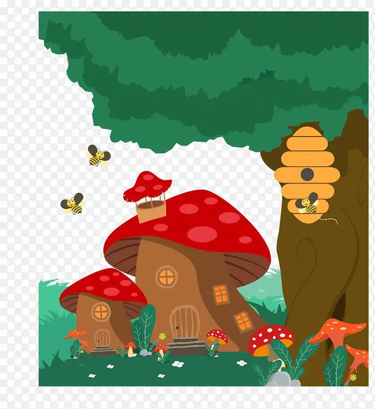 卡通蘑菇屋蜜蜂