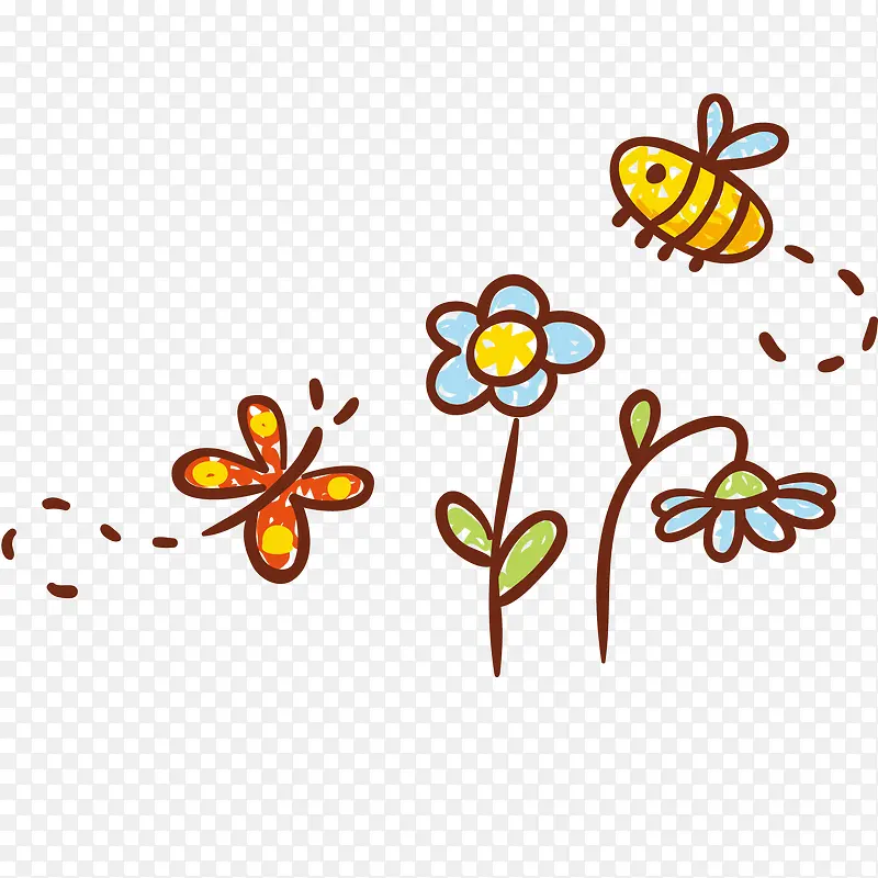 卡通春天的花卉和昆虫