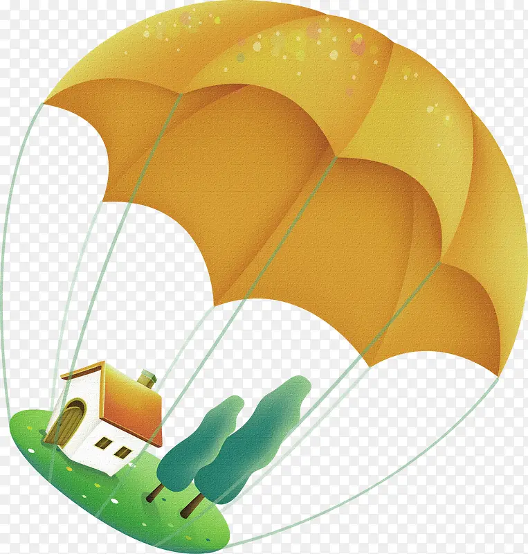 黄色卡通降落伞房子装饰图案