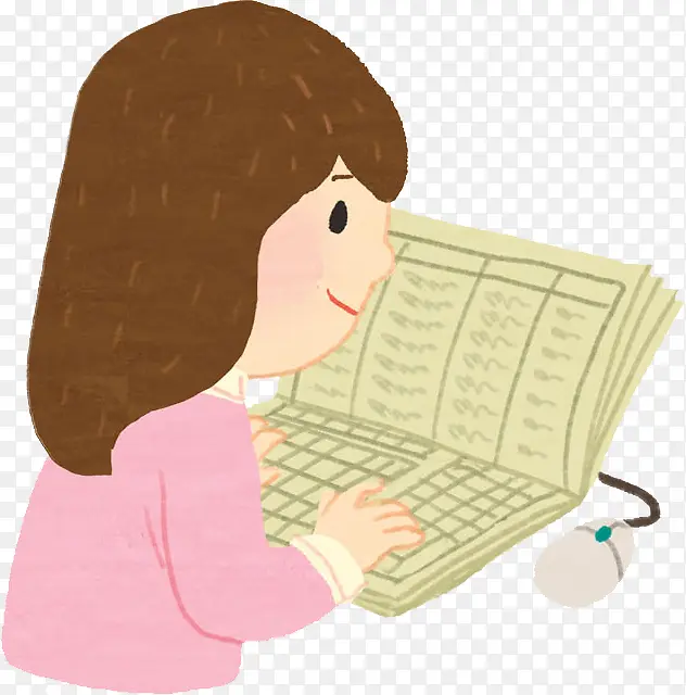 长头发的小女孩在用笔记本电脑打