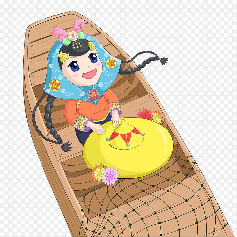 坐在渔船上的惠安女孩
