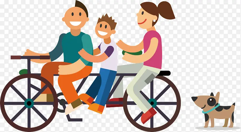 卡通手绘骑自行车出游的一家人