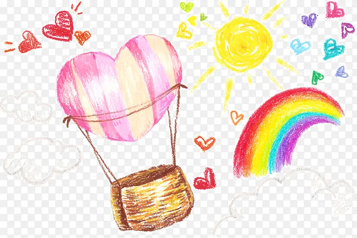 卡通心形热气球太阳彩虹