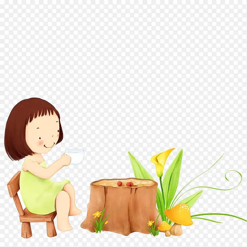 女孩坐在树墩旁喝水