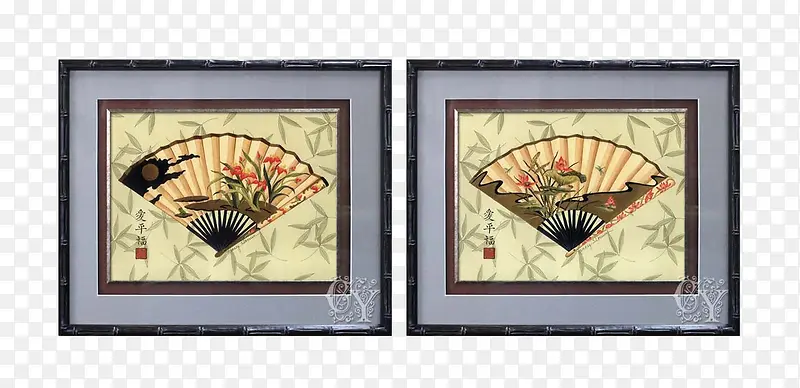 中式古典扇子竹子图案木框装饰画