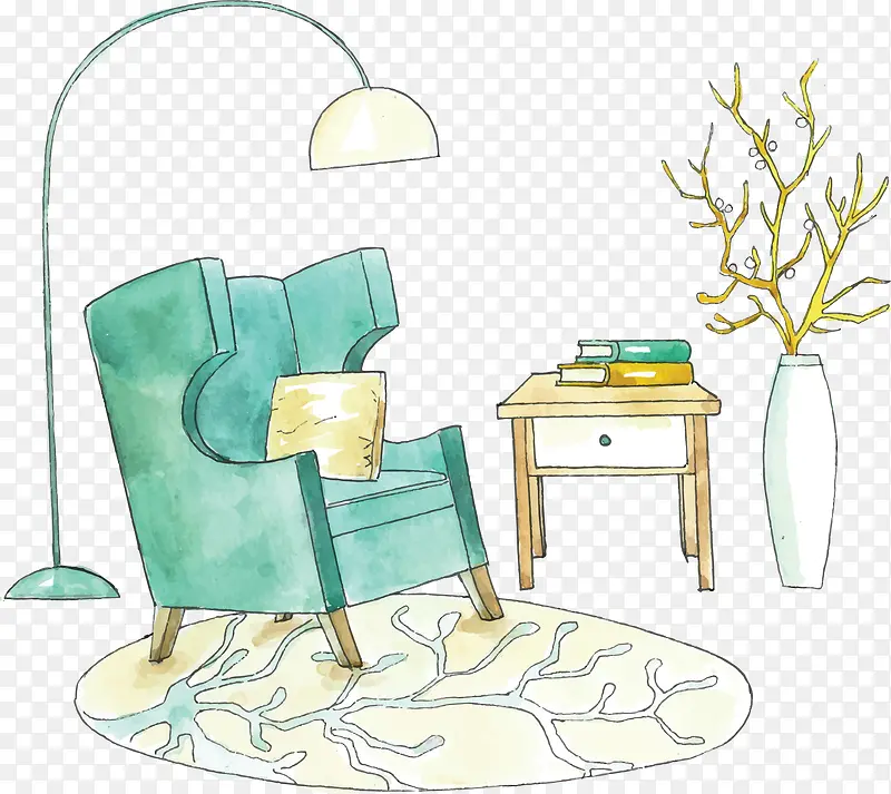 手绘风现代绿色沙发