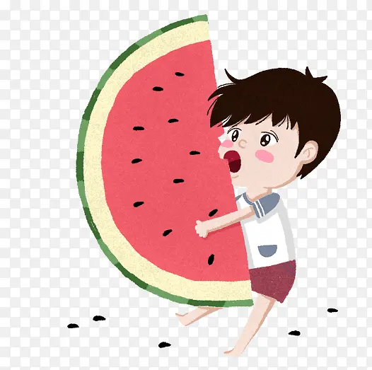 夏至节气插图手绘可爱男孩吃西瓜