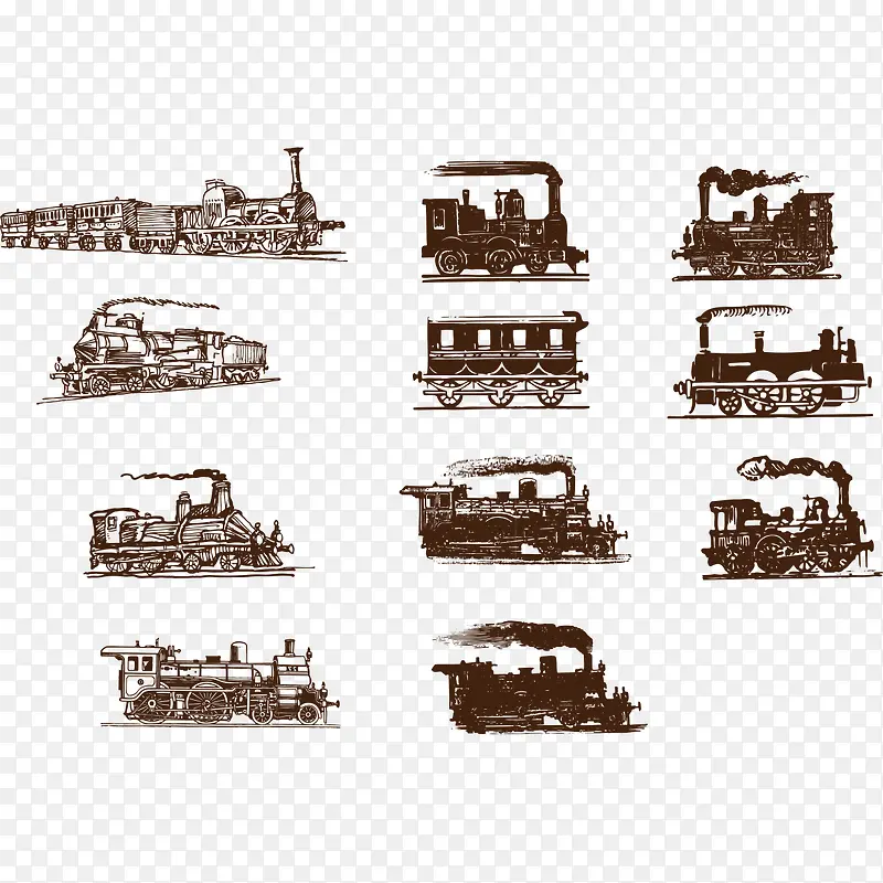 手绘插图各式蒸汽式火车