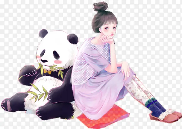熊猫吃竹子卡通女孩