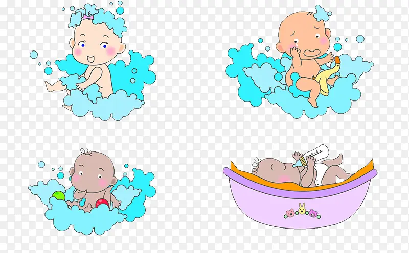 宝宝洗澡 四个 卡通 水花