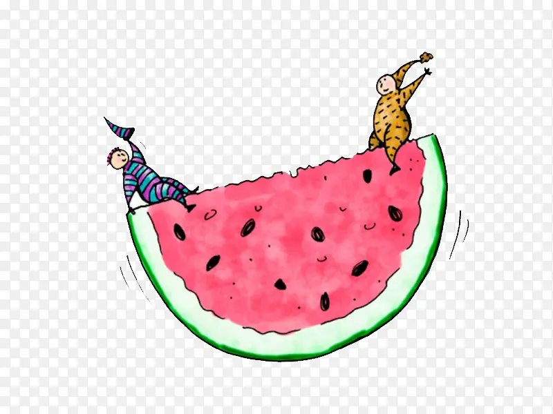 手绘卡通扁平小人物吃西瓜
