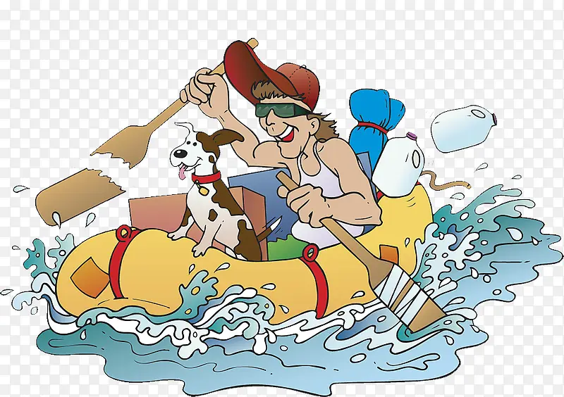 卡通插图男孩与小狗划皮划艇