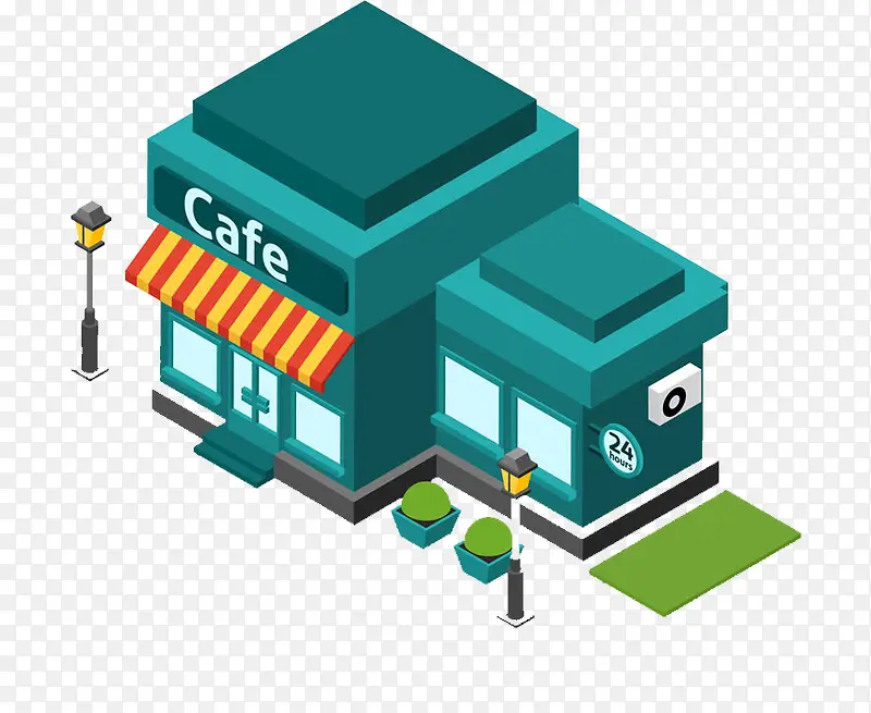 手绘绿色咖啡店免抠图