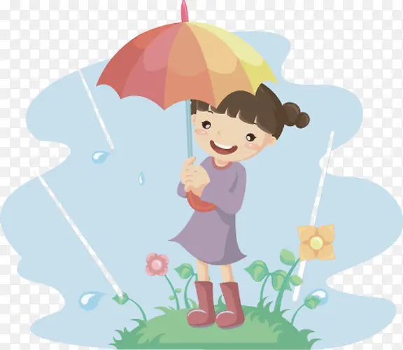 水彩可爱插图下雨时撑伞的小姑娘