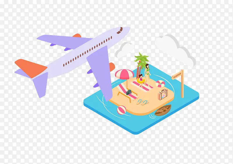 小岛旅游度假飞机2.5d矢量插画