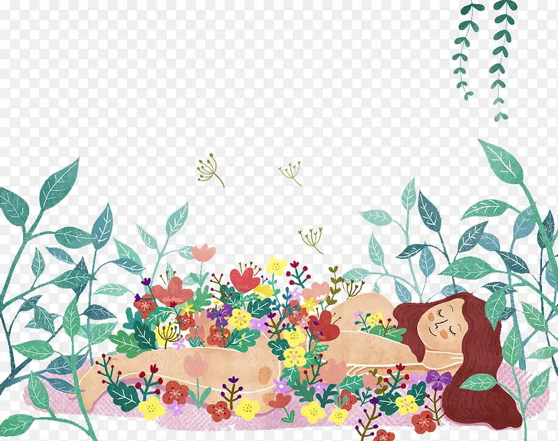 小清新文艺插图睡在花丛中的女孩