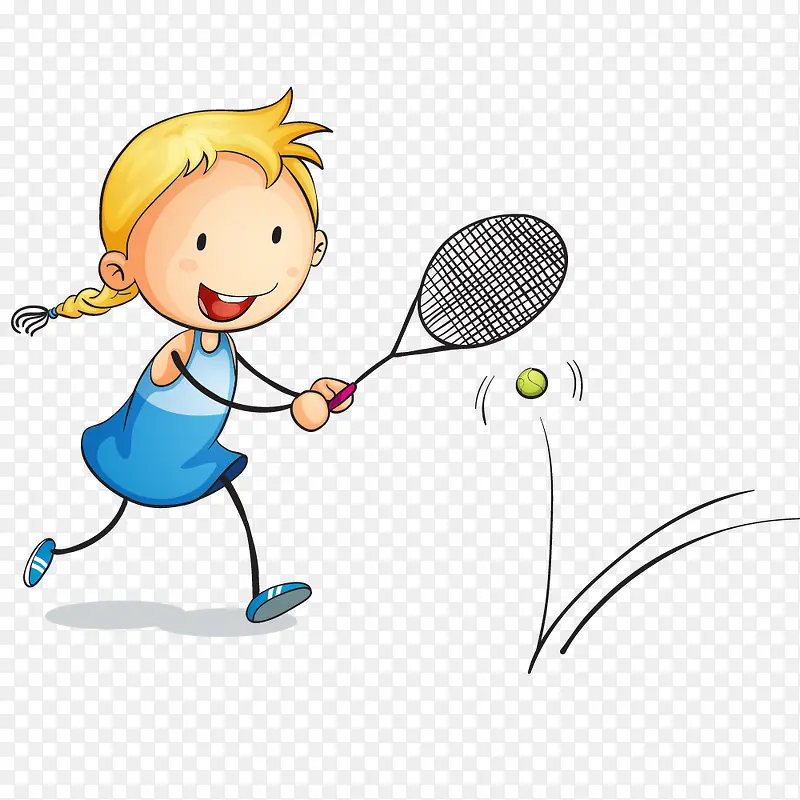 手绘卡通小女孩打网球