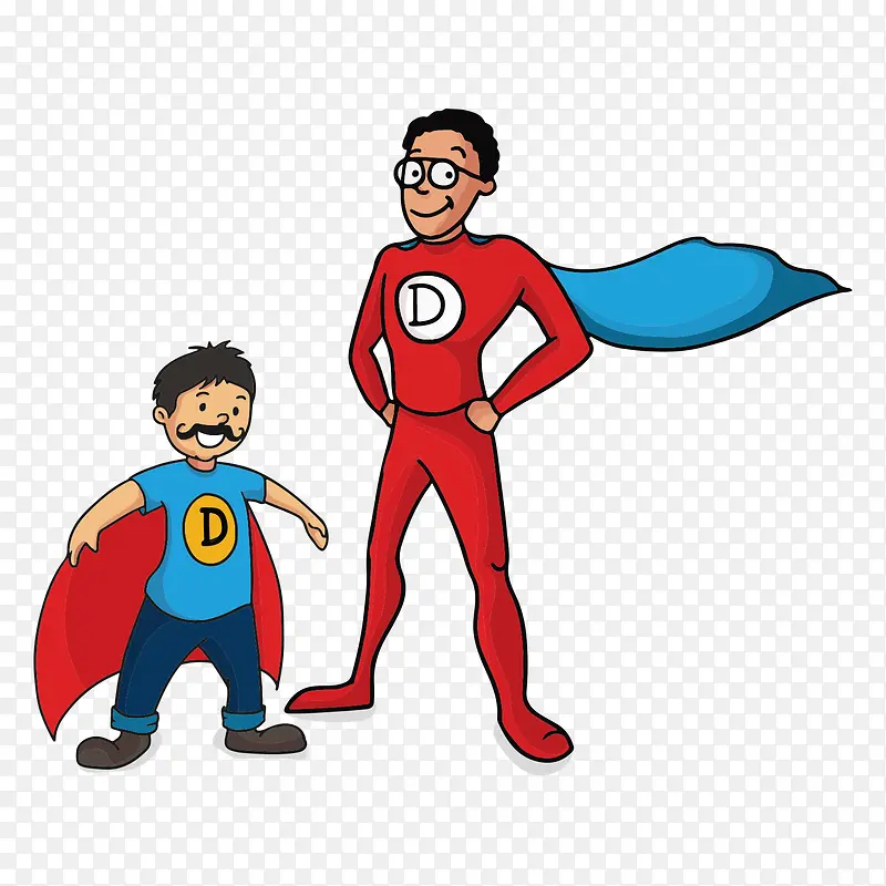 卡通父亲和孩子超人装扮插画