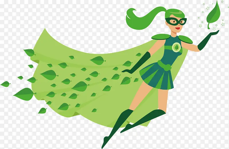 环保卡通手绘绿色女超人设计素材
