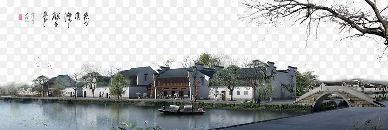唯美水墨江南岸边古建筑