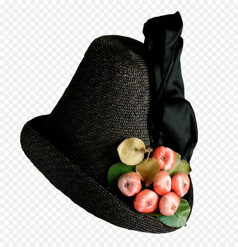 女士黑编织帽上的水果实物图