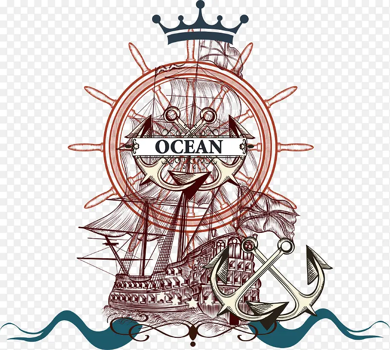 手绘海洋航行徽章