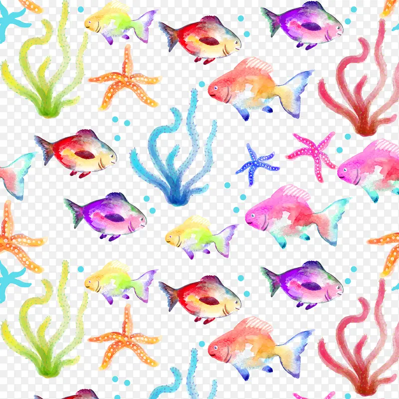 水彩绘水草海星和鱼矢量图