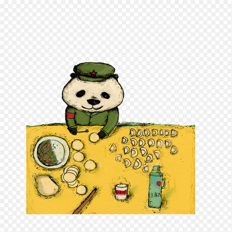 穿着军装包饺子的熊猫