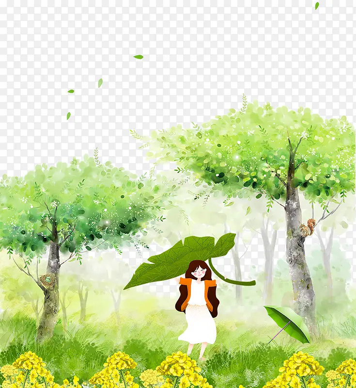 免抠卡通手绘森林里下雨用叶子挡