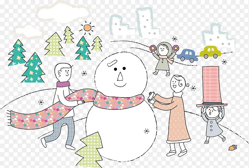 矢量手绘堆雪人的幸福一家人