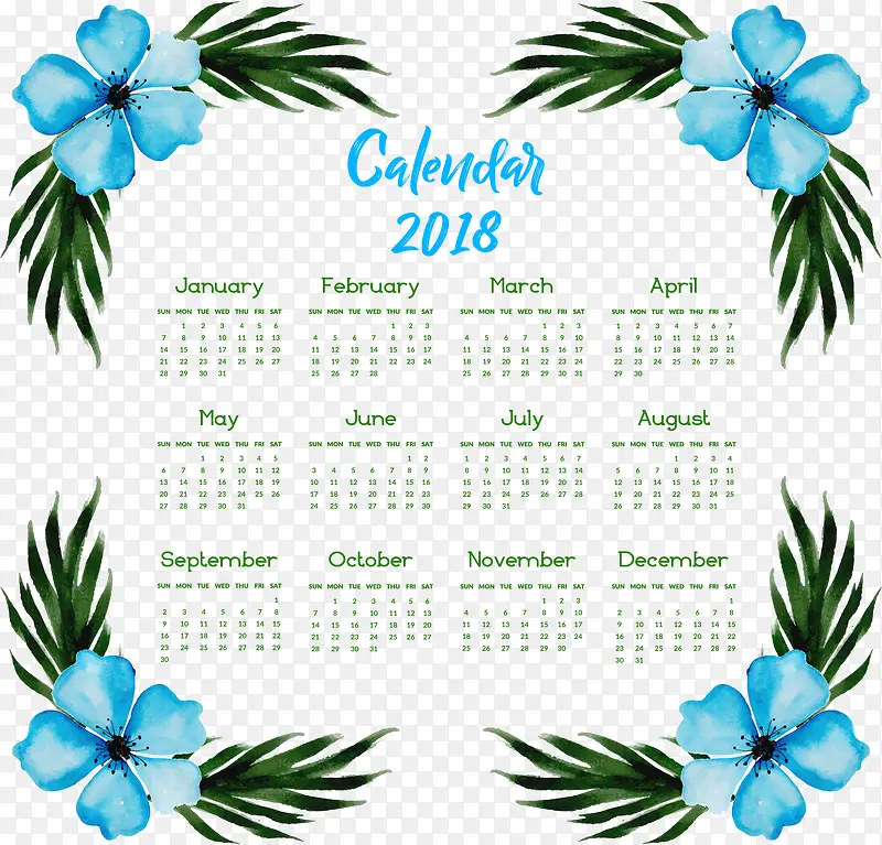 蓝色水彩花朵装饰日历模板