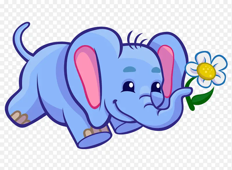 卡通手绘蓝色可爱大象叼花