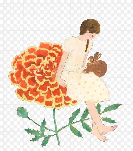 手绘坐在花上的少女