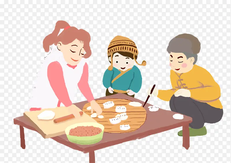 卡通手绘包饺子的一家人