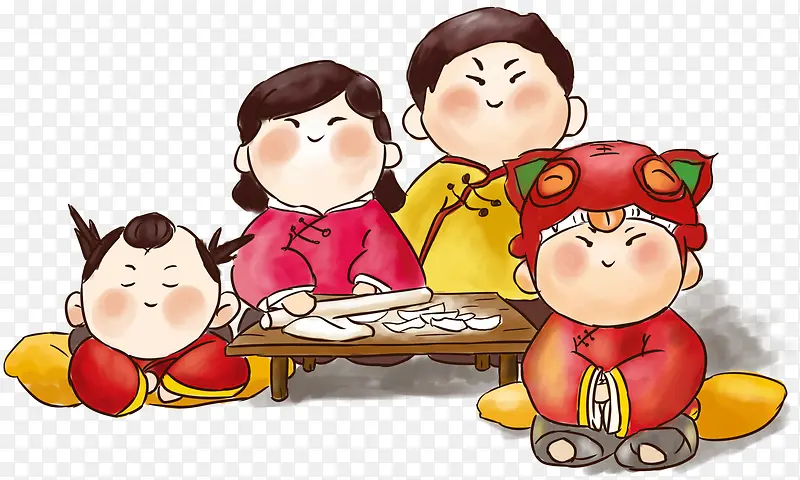团圆包饺子手绘插画