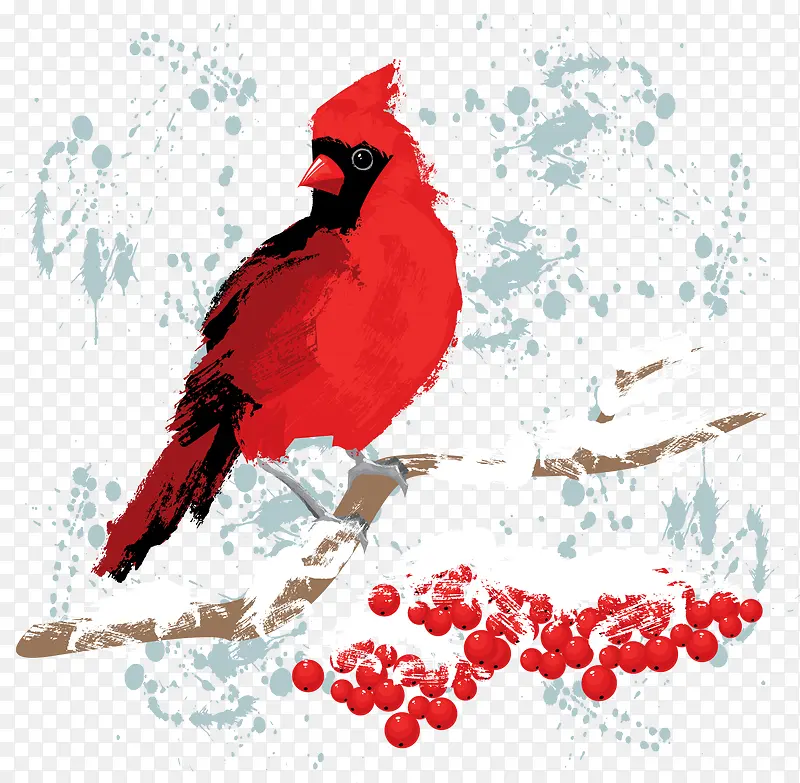 圣诞红色小鸟与雪花