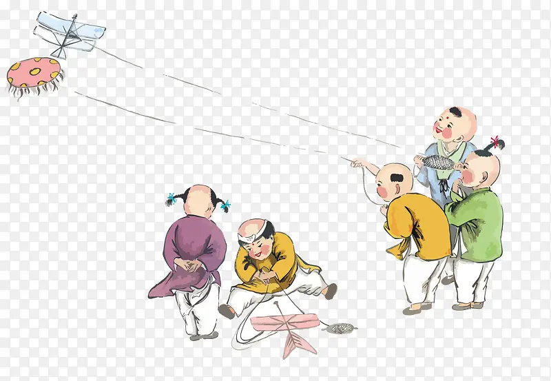 春季水彩古代小孩玩耍放风筝图矢