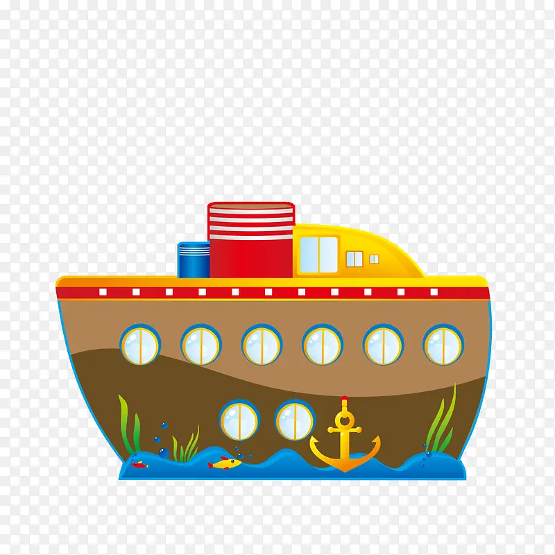 有一艘红棕色巨型轮船的扁平化海