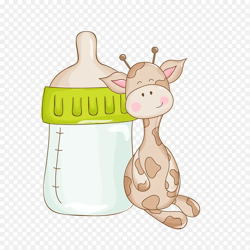 矢量手绘靠着奶瓶小鹿