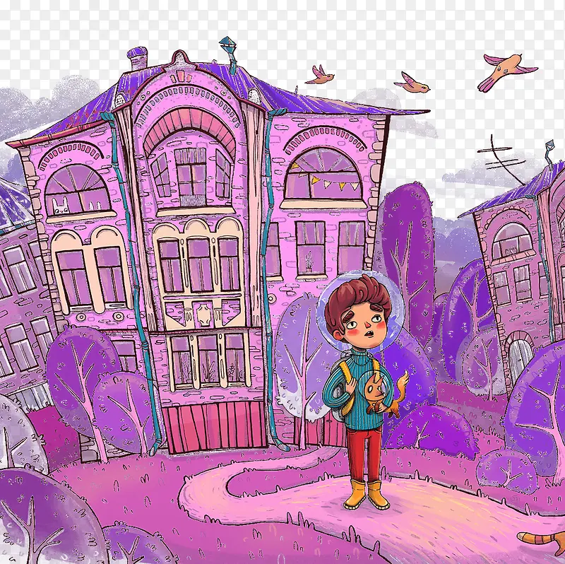 彩绘粉色楼房和小男孩