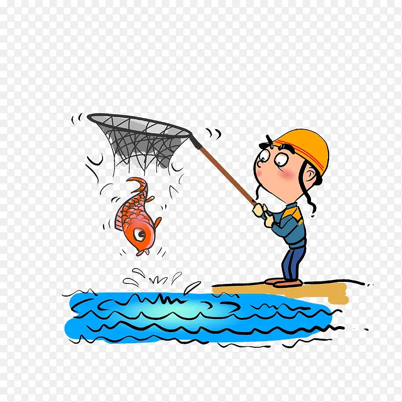 卡通抓鱼的人网漏鱼逃跑素材