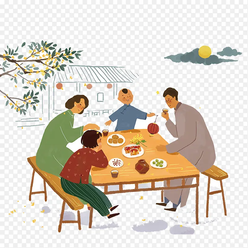 中秋节团圆吃饭的一家人