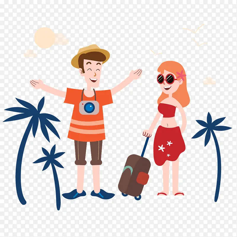 海边度假的情侣卡通图