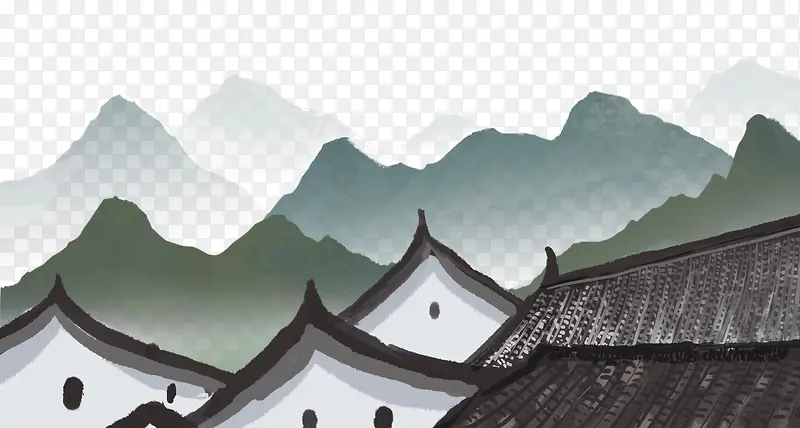 水墨中国画乡村城镇装饰插图